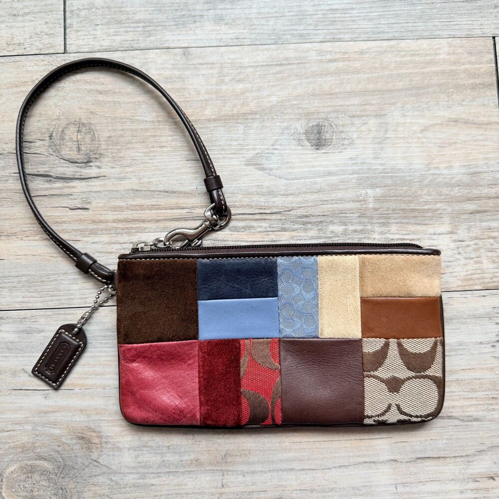 Coach Signature Patchwork Wristlet Accessory Pouch Y2K Multicolor Suede Leather